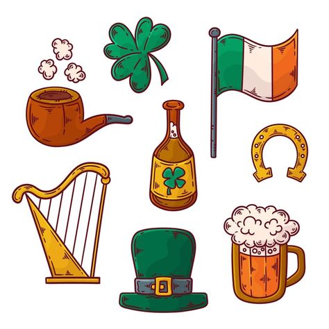 Free Vector | Collection of hand drawn traditional st. patrick's day elements Irish Drawings, St Patricks Day Illustration, Irish Clipart, Bullet Journal On Ipad, Newsletter Design Templates, St Patricks Day Clipart, Card Stickers, Ireland Flag, Beer Drinking