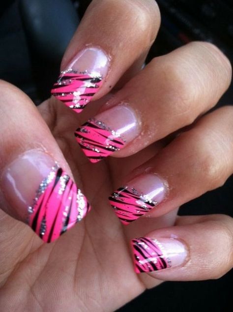 Slanted French design Pink Zebra Nails, Unghie Nail Art, Zebra Nails, Her Nails, I Love Nails, Acrylic Nail Art, Nail Polish Designs, Hot Nails, Pink Zebra