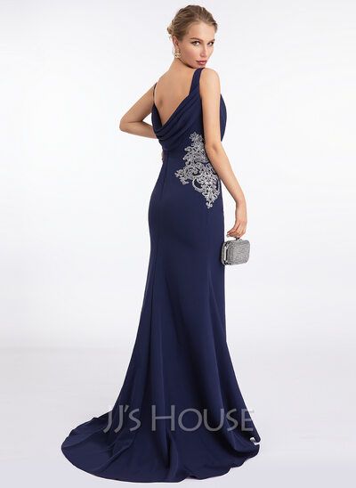 Trumpet/Mermaid V-neck Sweep Train Stretch Crepe Evening Dress With Lace (017198669) - JJ's House Prom Dress Gold, Prom Dresses Long Pink, Backless Evening Dress, Tulle Evening Dress, Mother Of Groom Dresses, Satin Evening Dresses, Cheap Evening Dresses, Sequin Evening Dresses, Chiffon Evening Dresses