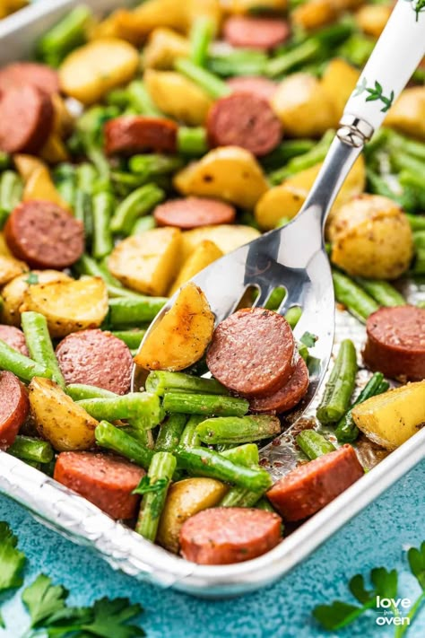 Smoked Sausage and Potatoes • Love From The Oven Sheet Pan Smoked Sausage And Potatoes, Smoked Sausage Sheet Pan Dinner, Green Beans And Sausage, Sheet Pan Sausage And Potatoes, Sausage Potatoes Green Beans, Smoked Sausage And Potatoes, Polish Sausage Recipes, Pan Roasted Potatoes, Sausage And Green Beans