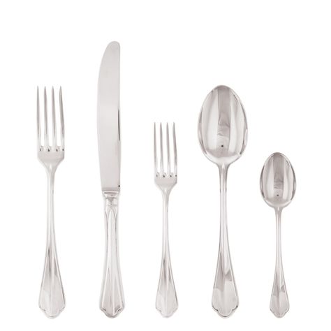 Rome 5 Pcs Place Setting (hollow handle knife) | Sambonet Online Store Flatware Design, Table Knife, Types Of Knives, Stainless Steel Table, Butter Spreader, Dessert Fork, Spa Products, Stainless Steel Flatware, Dessert Spoons