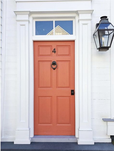 Salmon coloured front door with white surroundings is how I want my front of house to look. Stunning Orange Front Door Colors, Orange Front Door, Bold Front Door, Orange Front Doors, Grey Front Doors, Exterior Door Colors, Entry Door Designs, Exterior Door Designs, Cottage Front Doors