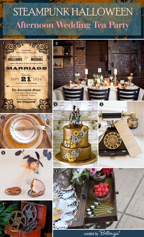 Styling a Steampunk Wedding Tea Party for Halloween! Steampunk Wedding Centerpieces, Steampunk Party Food, Steampunk Party Decorations, Steampunk Wedding Themes, Fun Wedding Ideas, Punk Halloween, Vintage Tea Parties, Steampunk Party, Wedding Tea Party