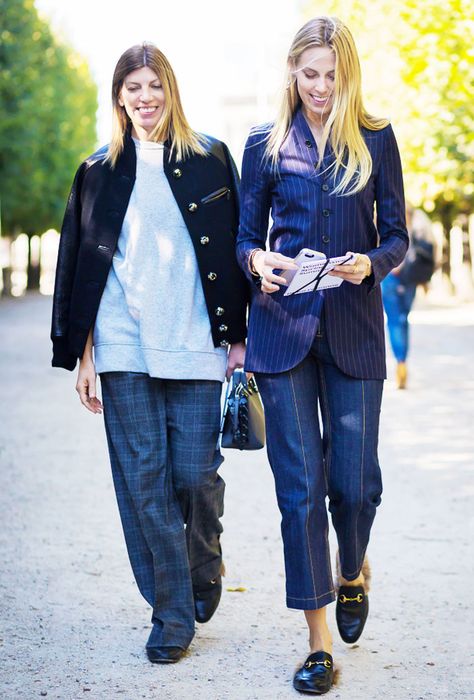 Left, Virginia Smith wears a sweatshirt, bomber jacket, plaid trousers, and Gucci slippers. Right, Selby Drummond wears a pinstripe blazer, stitched jeans, and Gucci slippers Gucci Winter, Gucci Princetown Slipper, Street Style 2016, Casual Fridays, Fashion Week 2016, Fashion Week 2015, Gucci Gucci, Street Style Inspiration, Tres Chic