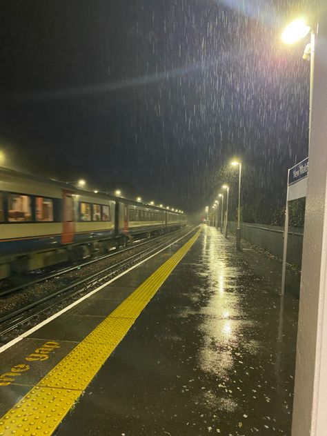 Rain Train, Early Morning Vibes, Morning Train Aesthetic, Train Station Aesthetic, Train At Night Aesthetic, Rainy Train Ride Aesthetic, Rainy Bus Stop Aesthetic, Early Dark Morning Aesthetic, Purple Train Station Aesthetic