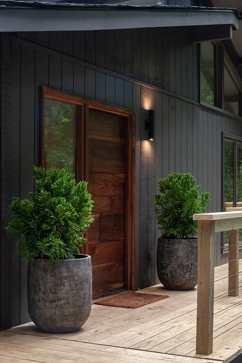 Matte Black Vertical Panel Siding + Dark wood door + transom windows | Lucy and Company Lodge Aesthetic, Kerb Appeal, Black Houses, Desain Editorial, Cabin Exterior, Home Exterior Makeover, Exterior Makeover, Planter Ideas, Crested Butte