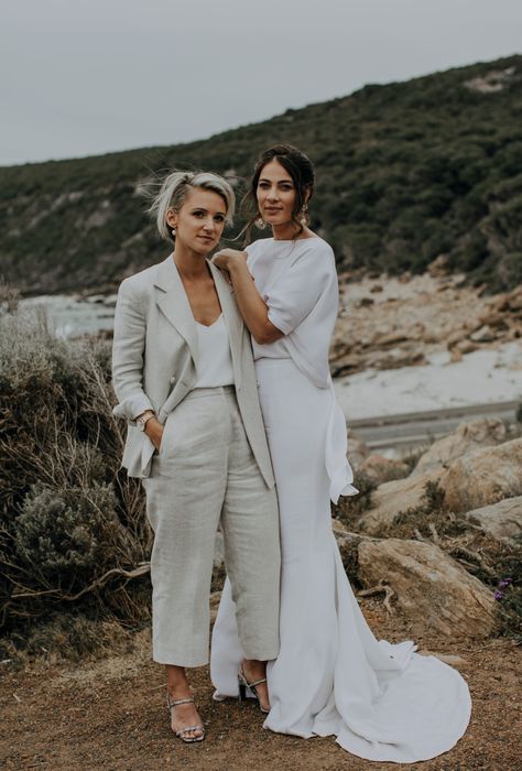 JUSTINE & GABRIELLE’S MARGARET RIVER WEDDING – Hello May Lola Varma, Casual Wedding Outfit, Personalized Wedding Menu, Small Outdoor Wedding, Wedding Pants, Bride Suit, River Wedding, Together Journal, Queer Weddings