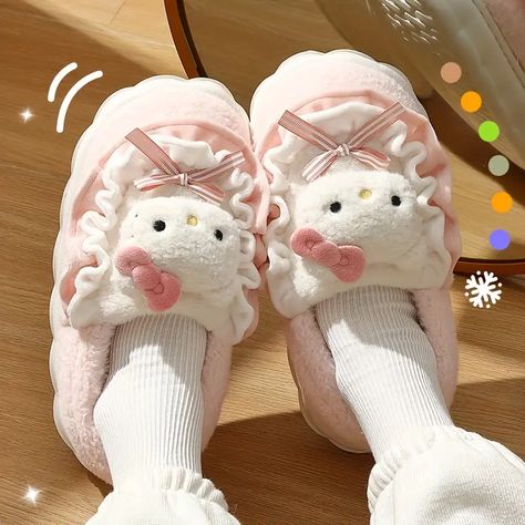 Hello Kitty Slippers, Sanrio Plush, Kuromi Melody, Hello Kitty Cartoon, Winter Home, Warm Shoes, Winter Home Decor, Slippers For Girls, Winter House