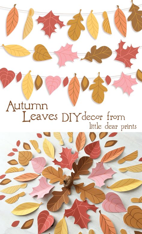 It's easy and fun to print, cut and glue a fun fall paper garland or mandala with this Free printable Autumn Leaves PDF from little dear! #papercraft #autumndecor #fallwreath #mandala #autumnwreath #printables #fallgarland Fall Construction Paper Decorations, Paper Autumn Leaves, How To Make Fall Leaves Out Of Paper, Autumn Leaves Paper, Autumn Leaves Printable, Autumn Leaf Printable, Construction Paper Fall Decor, Large Paper Leaves Diy, Fall Paper Garland Diy