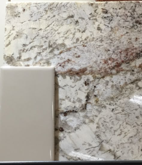 Kitchen granite- White Springs Backsplash- Dal Tile Urban Putty Putty Kitchen, Rustic Kitchen Remodel, Urban Putty, White Springs Granite, New Home Kitchen, Dal Tile, Replacing Kitchen Countertops, Kitchen Granite, Outdoor Kitchen Countertops