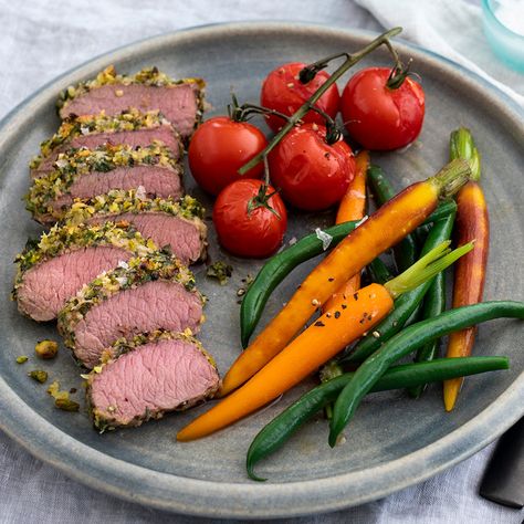 Lamb Loin Fillets with Pistachio, Mint and Parsley Crust - Gourmet Direct Lamb Fillet Recipes, Lamb Fillet, Dinner Party Mains, Lamb Steaks, Lamb Loin, How To Cook Lamb, Carrots And Green Beans, Healthy Lunch Snacks, Fall Dinner Party