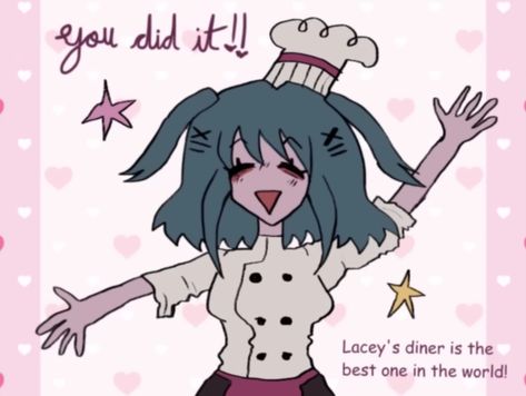 This image depicts a cartoon drawing of a girl named Lacey. She has dark teal, shoulder-length hair with a fringe, and two small pigtails on each side of her head. She is wearing a chefs outfit. Her arms are outstretched and she has a happy, celebratory smile on her face. There is text that reads, "You did it!! Lacey's diner is the best one in the world! Lacy Games, Lacey Games, Gif Terror, Girl Bye, Toro Inoue, Flash Games, Silly Girls, Game Icon, Real Girls