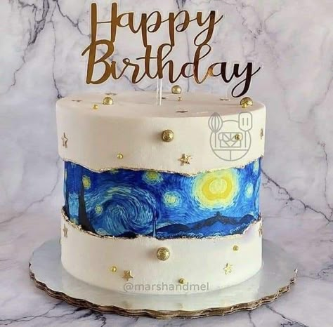 Starry Night Birthday Cake, Starry Night Cake Ideas, Van Gogh Cake Birthday, Bolo Van Gogh, Van Gogh Themed Party, Birthday Cake For Artist, Van Gogh Party Theme, Van Gogh Birthday Party, Artist Theme Cake