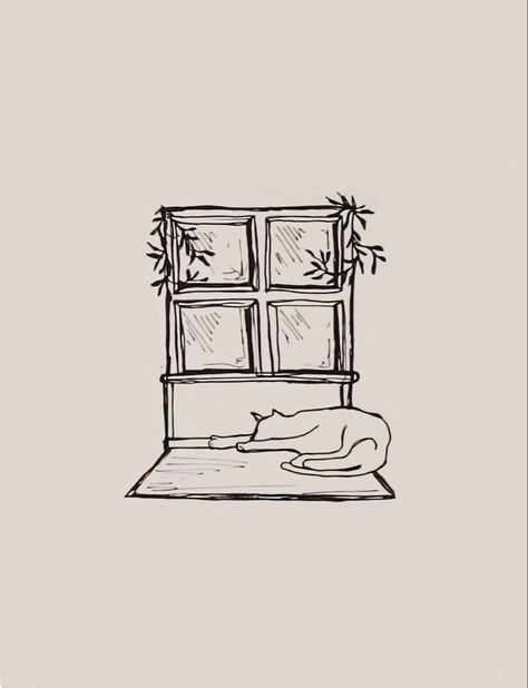 Rainy Day Tattoo Ideas, Window Scene Tattoo, Cat In Window Drawing, Cat On Windowsill Drawing, Cat Looking Out Window Tattoo, Small Window Tattoo, Windowsill Tattoo, Simple Cat Illustration, Window Sill Tattoo