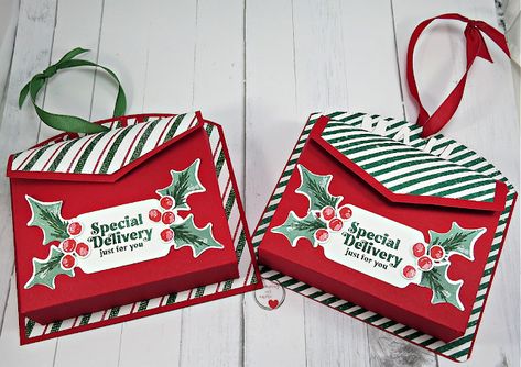 Diy Gift Boxes Christmas, Diy Christmas Gift Boxes, Diy Christmas Treat Boxes, Stampin Up 3d Projects Gift Ideas Christmas, Stampin Up Gift Of Giving Cards, Stampin Up Christmas Gifts, Christmas Treat Holders Diy, Christmas Candy Card Ideas, How To Make A Mailbox Out Of Paper