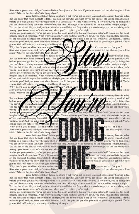 Vienna Lyrics, Billy Joel Lyrics, Vienna Billy Joel, Vienna Waits For You, Song Lyric Posters, Executive Room, Piano Man, Lyric Poster, Print Studio