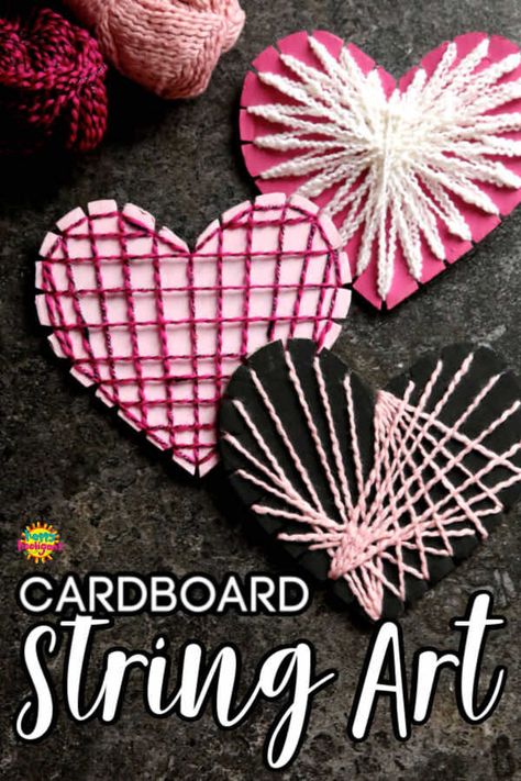 This beginner string art project is perfect for Valentines Day and doesn't require wood, nails or tacks. Kids can learn how to make distinct patterns weaving string or fine yarn across a piece of cardboard. #HappyHooligans #StringArt #YarnCrafts #Heart #Crafts #ValentinesCrafts #ForKids #CampCraft #Daycare #Tweens #Teens Yarn Hearts Diy, Cardboard Heart, Heart String Art, String Art Heart, Heart Project, Valentine Art Projects, February Crafts, Wood Nails, Cadeau Parents