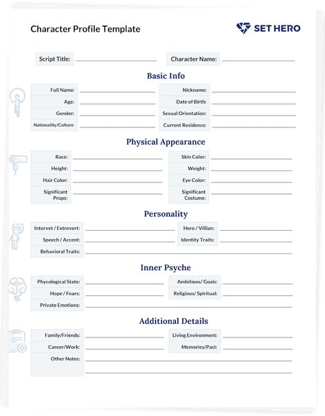 Character Profile Sheet, Character Creation Sheet, Character Profile Template, Character Sheet Writing, Character Worksheets, Character Sheet Template, Profile Template, Writing Prompts Funny, Writing Inspiration Tips