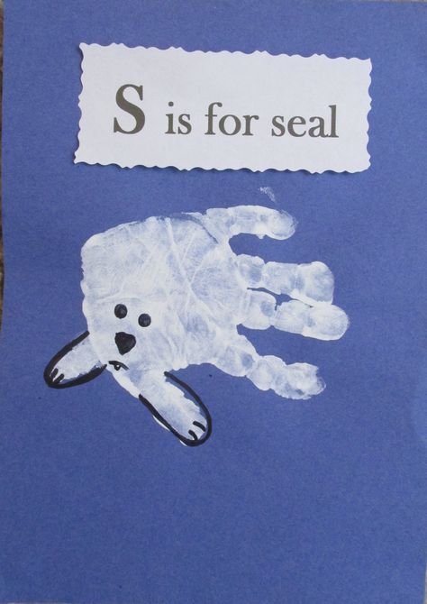 Seal handprint Seal Handprint Craft, Winter Animals Infant Art, Seal Preschool Activities, Seal Crafts For Toddlers, Artic Animal Art For Toddlers, Seal Activities For Kids, Winter Animal Toddler Crafts, Seal Activities For Preschool, Seal Craft Preschool