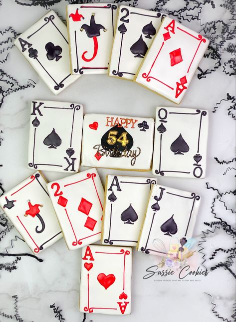 Card Cookies Decorated, Playing Card Cookies, Card Cookies, Soccer Banquet, Bridge Card Game, Cookie Decorations, Casino Theme Party Decorations, Bridge Card, Decorating Cookies