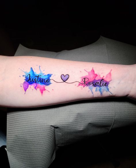 Colorful Tattoos For Women Watercolors, Splash Tattoo, Watercolor Tattoo Words, Splatter Tattoo, Feminine Shoulder Tattoos, Watercolor Tattoo Ideas, Love Yourself Tattoo, Magic Runes, Tattoos With Kids Names