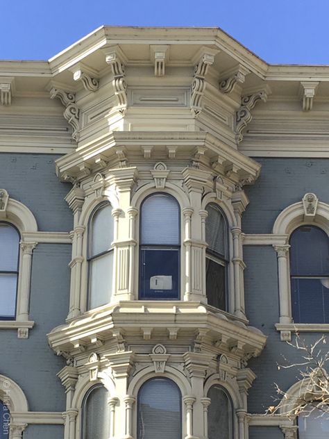 Victorian Bay Window detail. Old Oakland, CA Victorian Bay Window Exterior, Bay Window Victorian, 1900s Home Exterior, Victorian Windows Exterior, Bay Window Outside, Victorian Balcony, Victorian Bay Window, Victorian Home Exterior, Bay Window Exterior