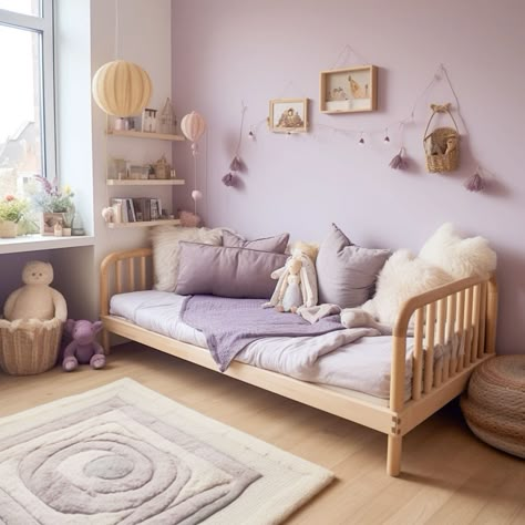 Lilac Childrens Bedroom, Purple Child Bedroom, Lilac And Brown Bedroom, Kids Room Purple Walls, Kids Room Purple Accent Wall, Lilac Feature Wall Bedroom, Dusky Lilac Bedroom, Lilac House Decor, Lilac And Beige Bedroom