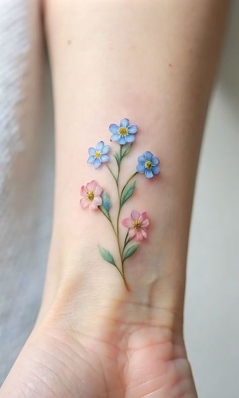 Forget Me Not Flower Tattoo, Robin Bird Tattoos, Cat Portrait Tattoos, Colour Tattoo For Women, Cool Wrist Tattoos, Hand Tattoos For Girls, Flower Wrist Tattoos, Bouquet Tattoo, Small Flower Tattoos