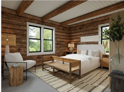 Whitewash Log Cabin Interior, Log Cabin White Walls, Log Cabin With Black Windows, Modern Rustic Log Cabin, Brighten Log Cabin Interior, Half Log Interior Walls, Log Cabin With Shiplap, Cabin Interior Wall Colors, Log Cabin Chinking Interior