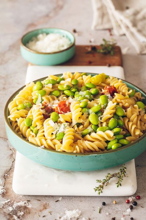 Fusilli con edamame Receta Edamame, Pasta, Ethnic Recipes