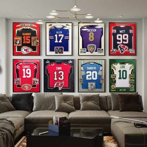 The last 8 nfl teams left in the playoffs. #jerseyframing by Jacquez Art Framed Jerseys On Wall Basement, Football Jersey Display Ideas, Sports Memorabilia Display Ideas Framed Jersey, Frame Jersey Ideas, Shadow Box Jersey Display, Sports Memorabilia Room, Nfl Man Cave, Signed Jersey Display, Framed Sports Jersey