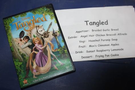 Disney Movies And Dinner, Disney Movie Night Menu Tangled, Tangled Dinner, Tangled Dinner And A Movie, Dinner Movie Night, Disney Movie Night Menu Enchanted, Themed Disney Dinner Nights, Disney Dinner And A Movie, Disney Movie Night Food