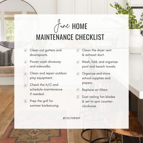 June Home Maintenance Checklist, Homeowner Hacks, Real Estate Slogans, Outdoor Organization, Realtor Social Media, Home Maintenance Checklist, Real Estate Agent Marketing, Realtor Branding, Maintenance Checklist