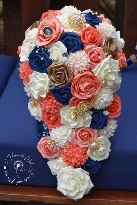 Navy Blue And Coral Wedding Bouquets, Coral And Navy Blue Bouquet, Navy Blue Coral And Gold Wedding, Navy Peach And Ivory Wedding, Coral Navy Blue Wedding, Navy Blue And Peach Wedding Theme, Peach And Navy Blue Wedding, Coral And Navy Blue Wedding, Navy Blue And Coral Wedding