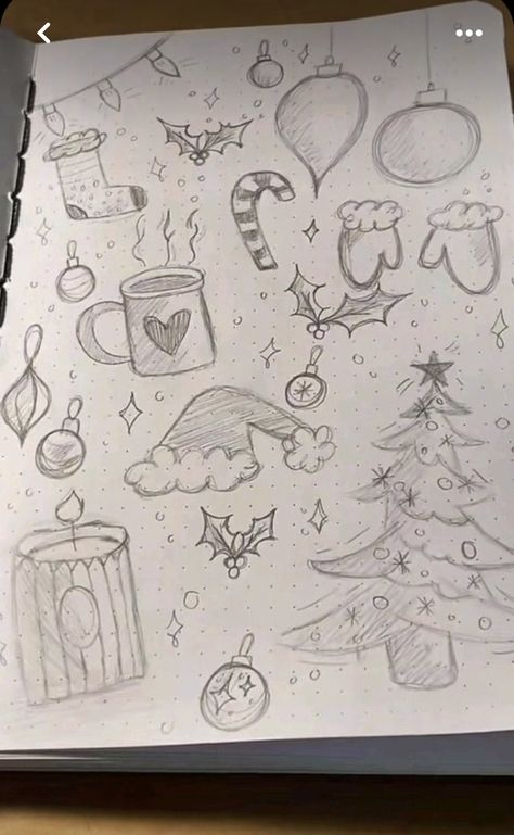 Preppy Christmas Drawing Ideas, Christmas Themes Drawings, What To Draw Christmas Edition, Christmas Background Drawing Ideas, Christmas Drawing Inspo Easy, Doodle Christmas Art, Drawing Inspo Christmas, Doodle Drawings Christmas, Cute Christmas Things To Draw Easy