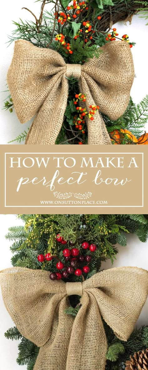 How to Make a Perfect Burlap Bow | Easy tutorial to make a perfect bow every time. Wreath Bow, Burlap Bow, Bow Tutorial, How to make a bow. Sewing Wreath, Christmas Bows Diy, Christmas Wreath Bows, Make A Bow, Perfect Bow, Burlap Bow, Burlap Crafts, Christmas Wreaths To Make, Burlap Christmas