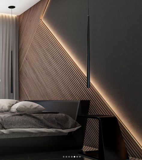 Wooden Wall Panels Interior Design, Akupanel Bedroom, Increase Natural Light In Home, Wall Panel Bedroom Headboards, Modern Art Deco Bedroom Ideas, Slat Bedroom Wall, Paneling Behind Bed, Dark Wood Paneling Walls, Panel Wall Bedroom