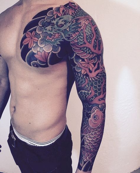 Traditional Japanese Tattoo Sleeve, Voll Arm-tattoos, Tato Tradisional, Japanese Tattoos For Men, Mangas Tattoo, Tattoo Japanese Style, Dragon Tattoos For Men, Dragon Sleeve, Polynesian Tattoos