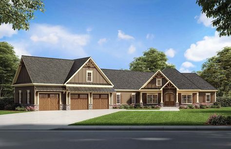 Traditional Style House Plan 60096 with 4 Bed, 4 Bath, 3 Car Garage Vaulted Foyer, Craftsman Ranch House Plans, Angled Garage, Entry Porch, Craftsman Ranch, Bedroom With Bath, Garage House Plans, Three Car Garage, Craftsman House Plan