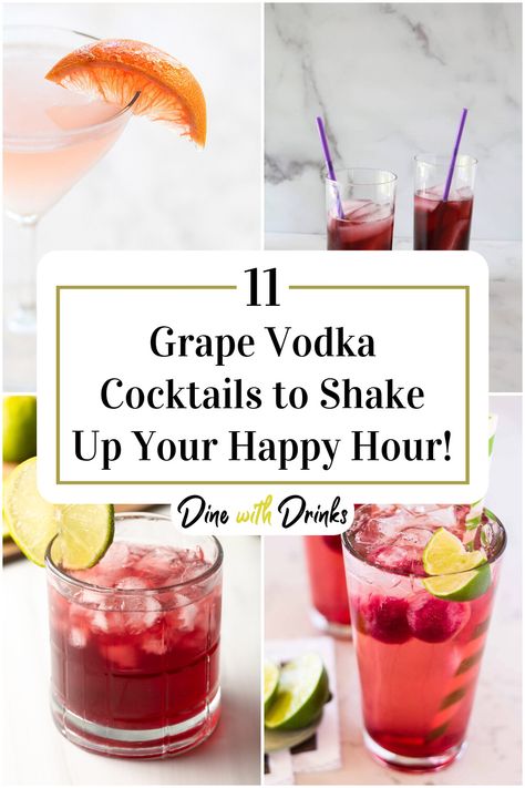 Collage of 4 grape vodka cocktails. Grape Vodka Drinks, Grape Vodka Cocktails, Grape Vodka Recipes, Drinks With Grape Juice, Vodka Grape Juice Drink Recipes, Grape Cocktail Recipes, Three Olives Grape Vodka Recipes, Concord Grape Infused Vodka, Grape Juice Cocktail