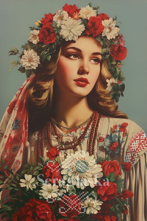 Slavic Girl Aesthetic, Vintage Pin Up Art, Flower Crown Art, Slavic Art, Ukrainian Folk Art, Slavic Goddess, Slavic Girl, Slavic Clothing, Arte Pin Up