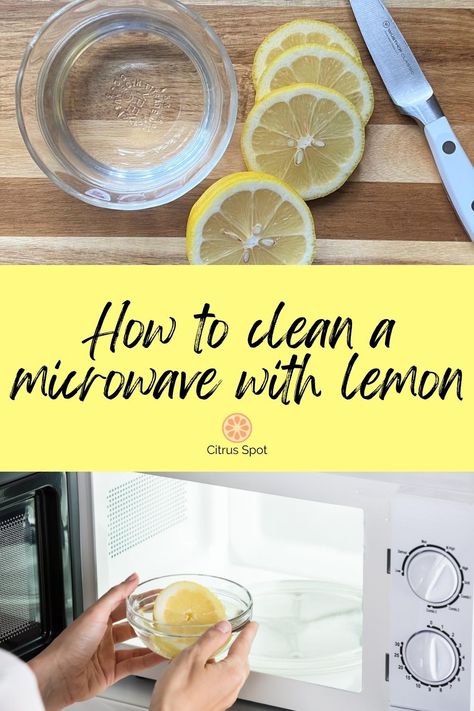 bowl of water and lemon slices on wooden chopping board and person placing bowl with lemon and water in microwave to clean How To Clean Microwave With Lemon, Microwave Cleaning Lemon, Lemon Cleaning Hacks, How To Clean Microwave, Lemon Microwave Cleaner, Cleaning Microwave With Lemon, Microwave Cleaning Hacks, Cleaning A Microwave, Steam Clean Microwave