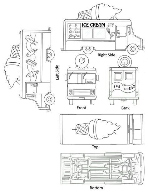 Prop Design-ice cream truck Food Truck Blueprint, Food Truck Sketch, Ice Cream Shop Floor Plan, Ice Cream Food Truck Design, Bloxburg Ice Cream Truck, Ice Cream Truck Interior, Ice Cream Truck Aesthetic, Ice Cream Truck Drawing, Bricolage Aesthetic