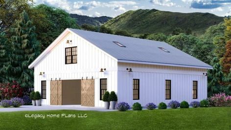 4-Bedroom Two-Story Country Farmhouse Barndominium House With Loft and Screened Porch (Floor Plan) Barn Garage Plans, Barn Plan, Barn Shop, Door Plan, Upstairs Loft, Barn Style Doors, Barn Garage, Funny Farm, Barns Sheds