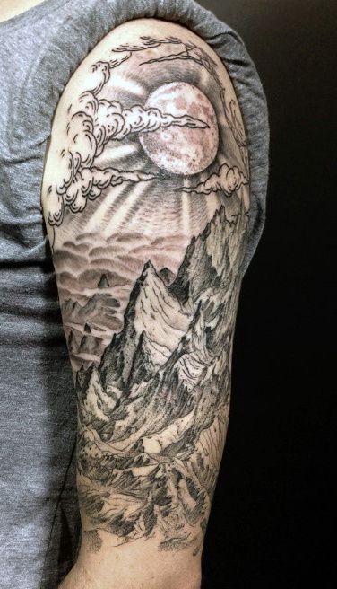 Half Sleeve Man With Mountain View Tattoo Nature Tattoo Sleeve Women, Natur Tattoo Arm, Cool Half Sleeve Tattoos, Nature Tattoo Sleeve, Forest Tattoos, Landscape Tattoo, Cloud Tattoo, Full Sleeve Tattoos, Mountain Tattoo