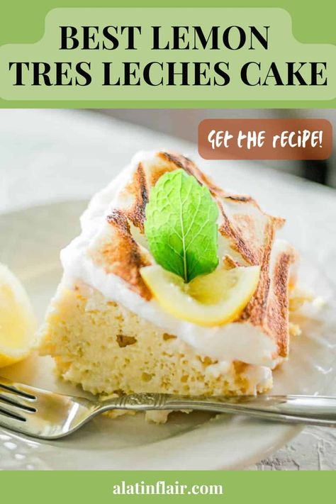 This is the BEST LEMON TRES LECHES CAKE! (Tres Leches de Limon). This cake is a tangy and bright twist on the traditional Tres leches recipe. Lemon Curd and lemon zest add delicious citrus flavor to this decadent three milks cake. Fluffy, creamy, and ultra-moist sure to indulge and impress! Click to get the recipe! Lemon Tres Leches Cake, Cake Tres Leches, Tres Leches Recipe, Three Milk Cake, Easy Tiramisu Recipe, Tres Leches Cake Recipe, Kid Friendly Dessert, Moist Lemon Cake, Sweet Bakes