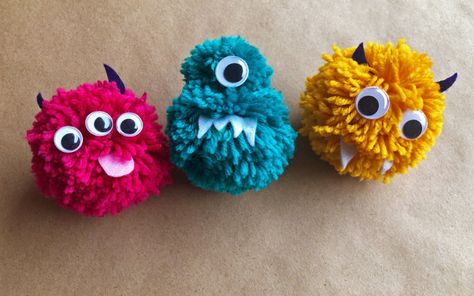 Pom-Pom Monsters | DIY for Beginners | KiwiCo Pom Pom Monsters, Thumbtack Art, Painters Tape Art, Alligator Crafts, Yarn Monsters, Paper Doll Chain, Colorful Butterflies Art, Diy For Beginners, Pom Pom Animals