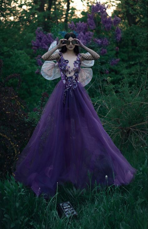 Purple Fantasy Dress, Purple Fairy Dress, Purple Dress Aesthetic, Fae Dress, Elf Dress, Purple Gothic, Purple Fairy, Violet Wedding, Purple Gowns