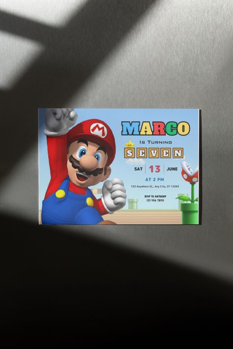 Welcome to our Super Mario Birthday Invitation Canva Template! Planning a memorable and exciting birthday party for your little one? Look no further! Our customizable, printable invitation template is designed with utmost care and creativity, ensuring an unforgettable Mario-themed celebration. Mario Invitation Template, Mario Cart Invitations, Mario And Luigi Birthday Invitations, Super Mario Invitation Template, Super Mario Digital Invitations, Super Mario Invitation, Super Mario Birthday, Printable Invitation Templates, Mario Birthday