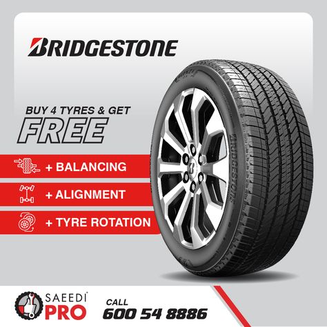 Hit the road with confidence 🚗💨 Bridgestone tyres offer unmatched durability and performance, no matter the journey. Engineered for excellence, they bring out the best in your ride, ensuring smooth travels and ultimate safety. Purchase 4 Bridgestone Tires & get FREE balancing, wheel alignment & tyre rotation* Enquire Now [Link in bio 👆🏽]⁠ *T&C Apply ⁠⁠ #AutocarePerformedByProfessionals #SaeediPro #AlSaeediGroup #BuyTyres #DubaiCars #UAECars #DubaiRoads #BridgestoneTires Car Wheel Alignment, Bridgestone Tires, Dubai Cars, Dubai Shopping, Air Conditioning Services, Wheel Alignment, Tyre Brands, Hit The Road, Tyre Shop